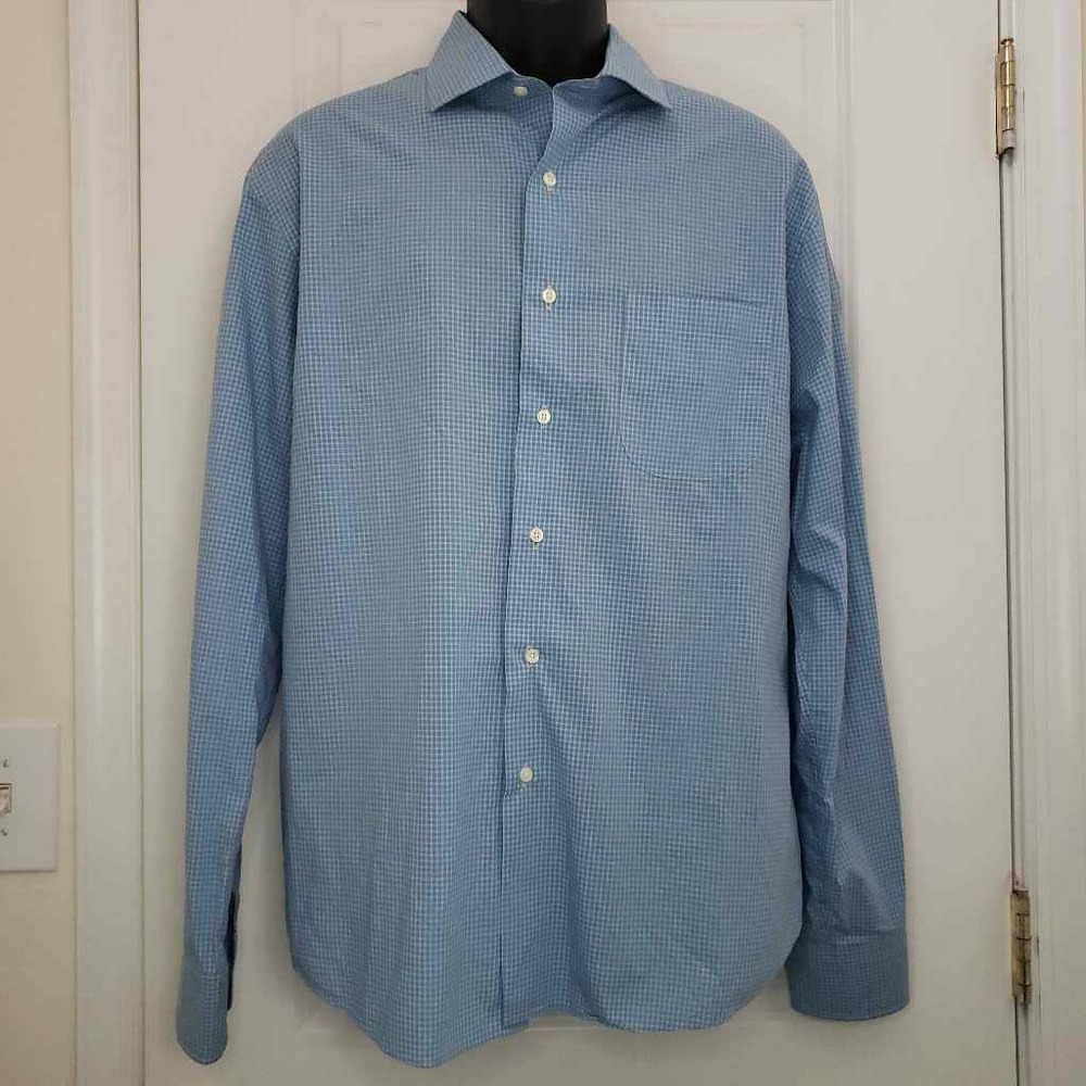 New England Mens Button Front Shirt Blue Gingham Long Sleeve‎ Pocket Cotton XL
